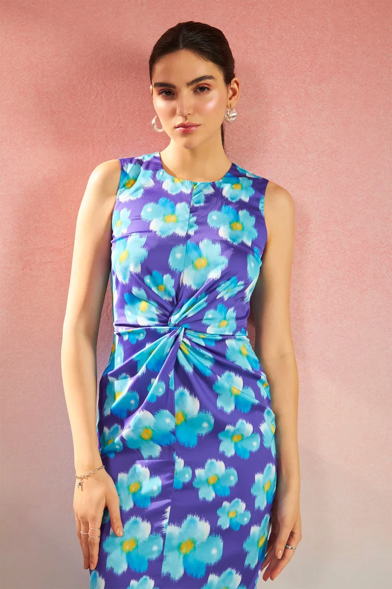 فيرجيو Floral Satin Knot Detail Midi Dress for Women