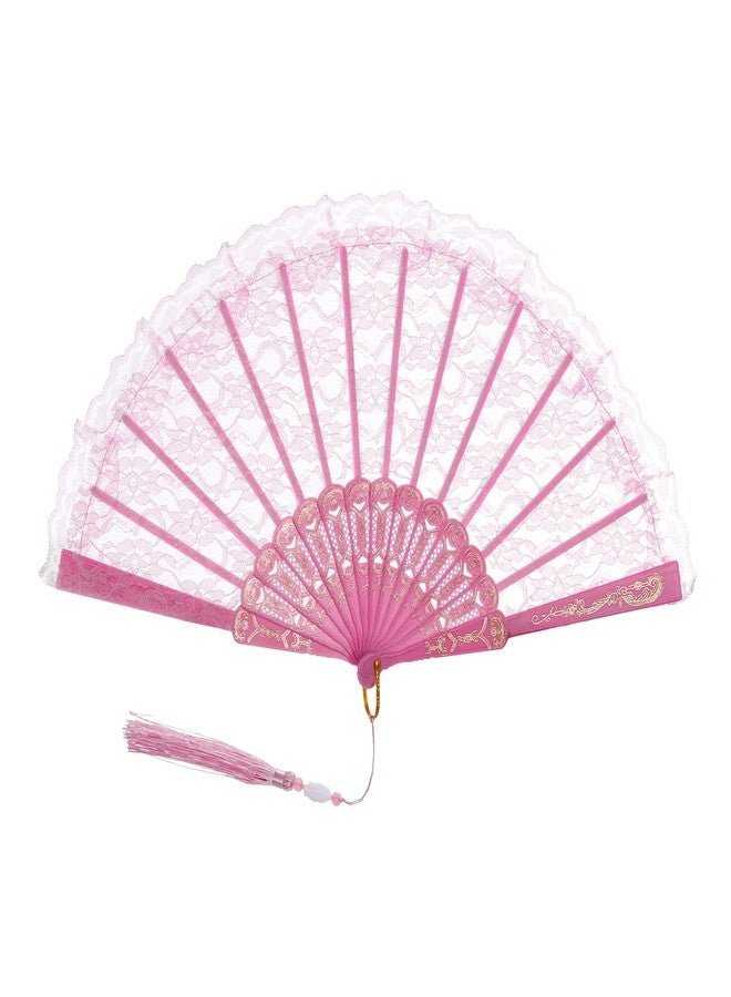 Jmkcoz Lace Handheld Folding Fan Embroidered Flower Bridal Hand Fan Chinese Japanese Vintage Fan for 1920s Costume Wedding Dancing Tea Party (1, Pink) - Image 1