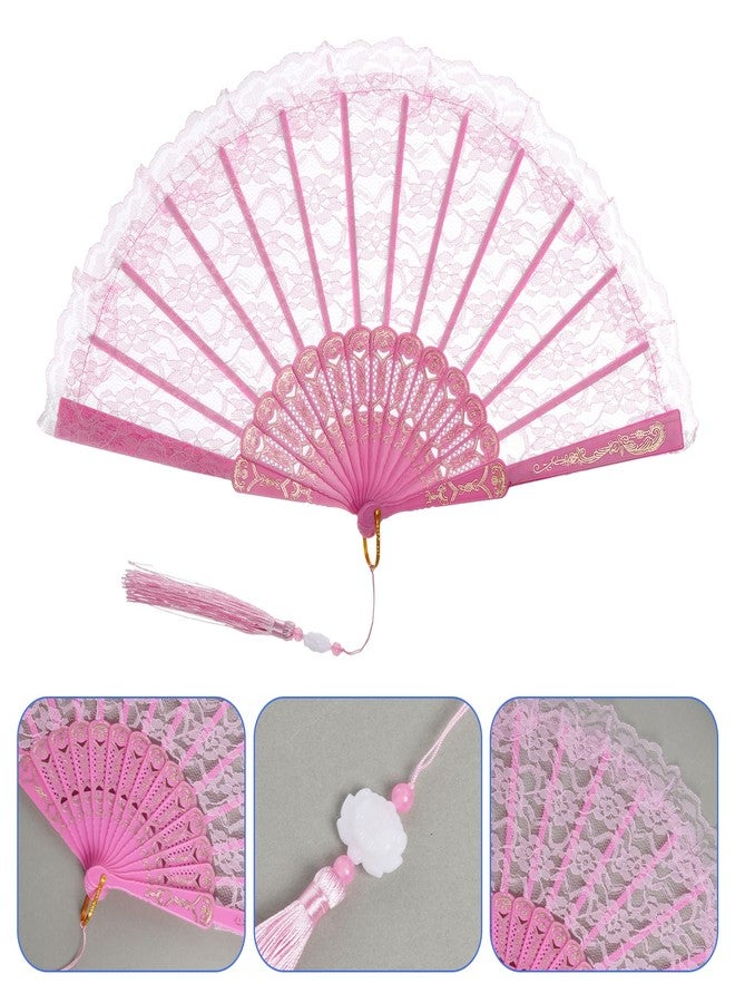 Jmkcoz Lace Handheld Folding Fan Embroidered Flower Bridal Hand Fan Chinese Japanese Vintage Fan for 1920s Costume Wedding Dancing Tea Party (1, Pink) - Image 3