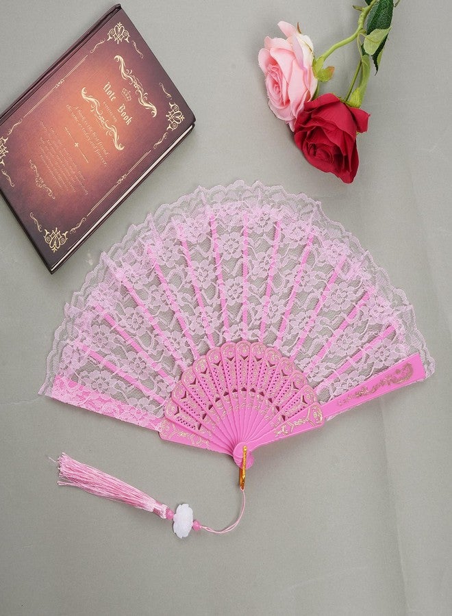 Jmkcoz Lace Handheld Folding Fan Embroidered Flower Bridal Hand Fan Chinese Japanese Vintage Fan for 1920s Costume Wedding Dancing Tea Party (1, Pink) - Image 4