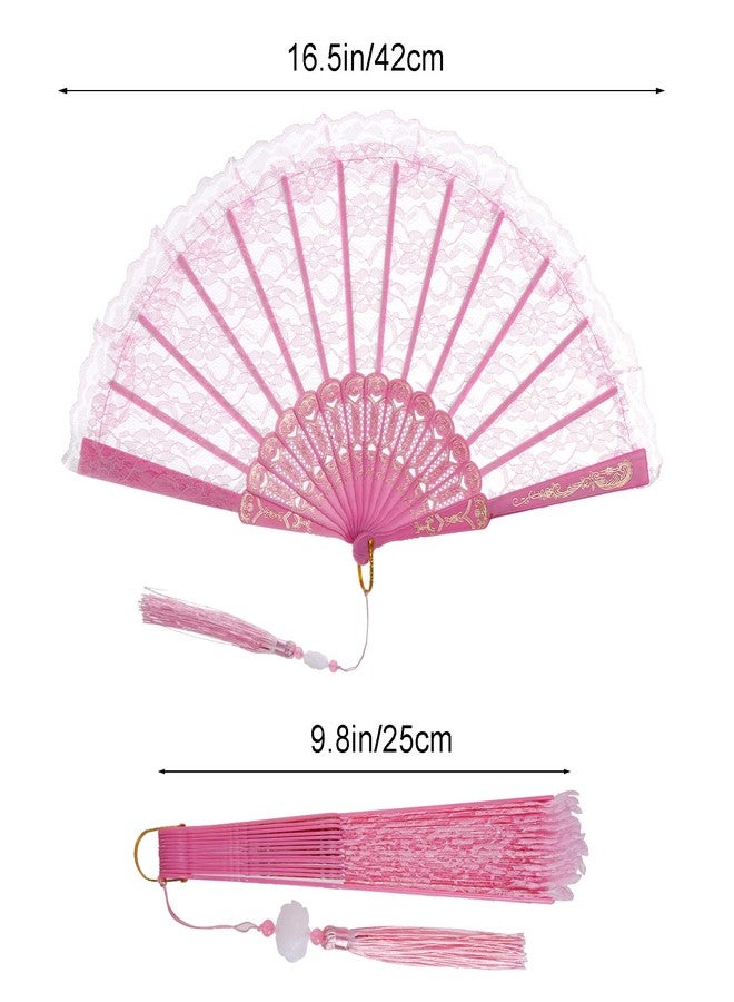 Jmkcoz Lace Handheld Folding Fan Embroidered Flower Bridal Hand Fan Chinese Japanese Vintage Fan for 1920s Costume Wedding Dancing Tea Party (1, Pink) - Image 2