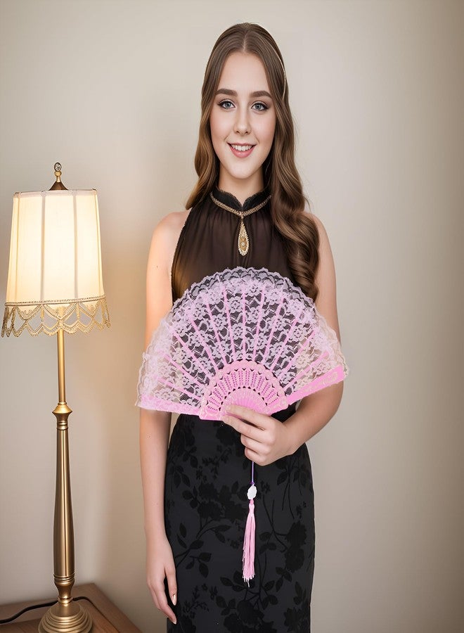 Jmkcoz Lace Handheld Folding Fan Embroidered Flower Bridal Hand Fan Chinese Japanese Vintage Fan for 1920s Costume Wedding Dancing Tea Party (1, Pink) - Image 5