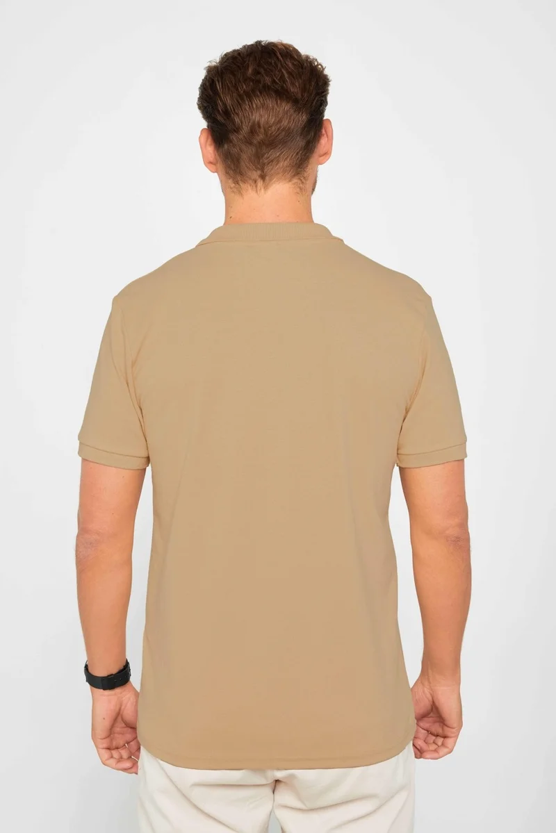 Tudors Men's Slim Fit Slim Cut 100% Cotton Plain Pique Sand Color Polo Neck T-Shirt