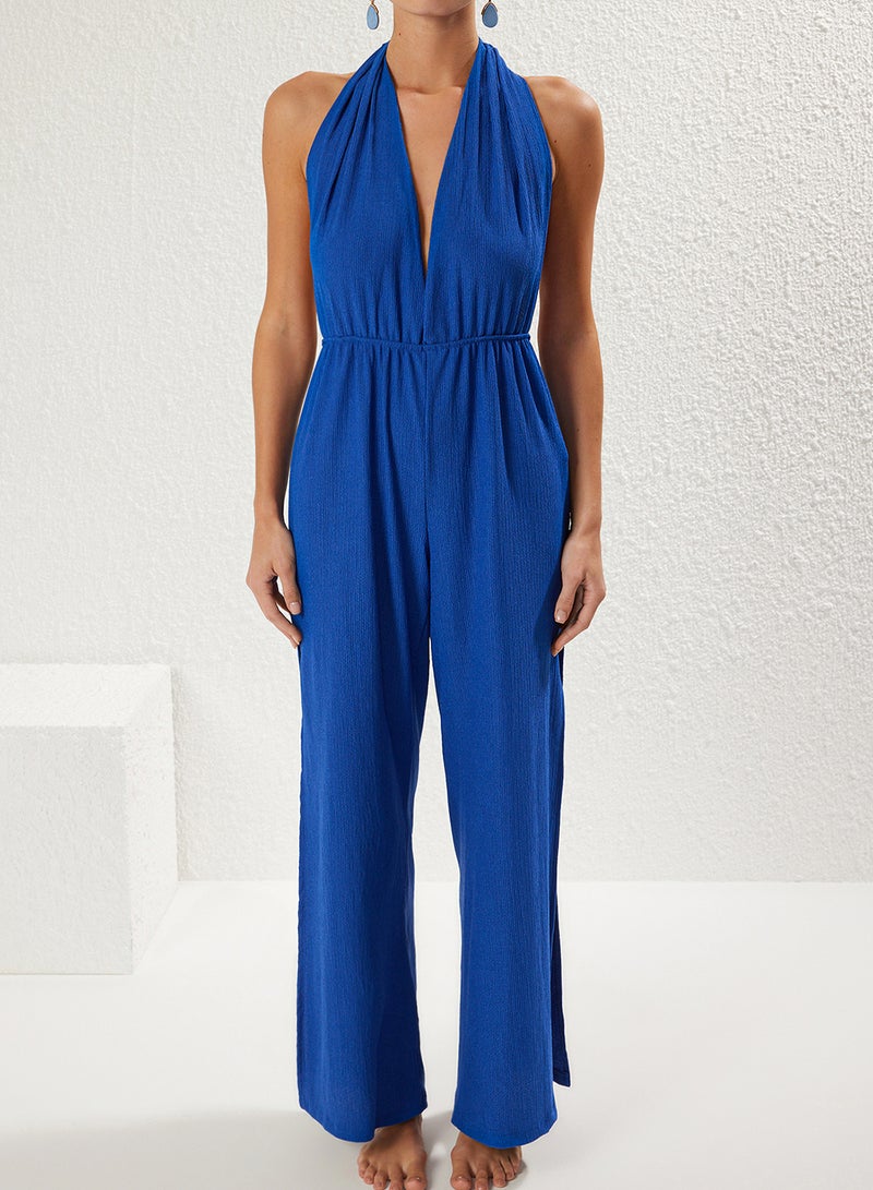 trendyol Cobalt Dokuma Slit Maxi Beach Jumpsuit Tbess23Tu00010 - Image 3