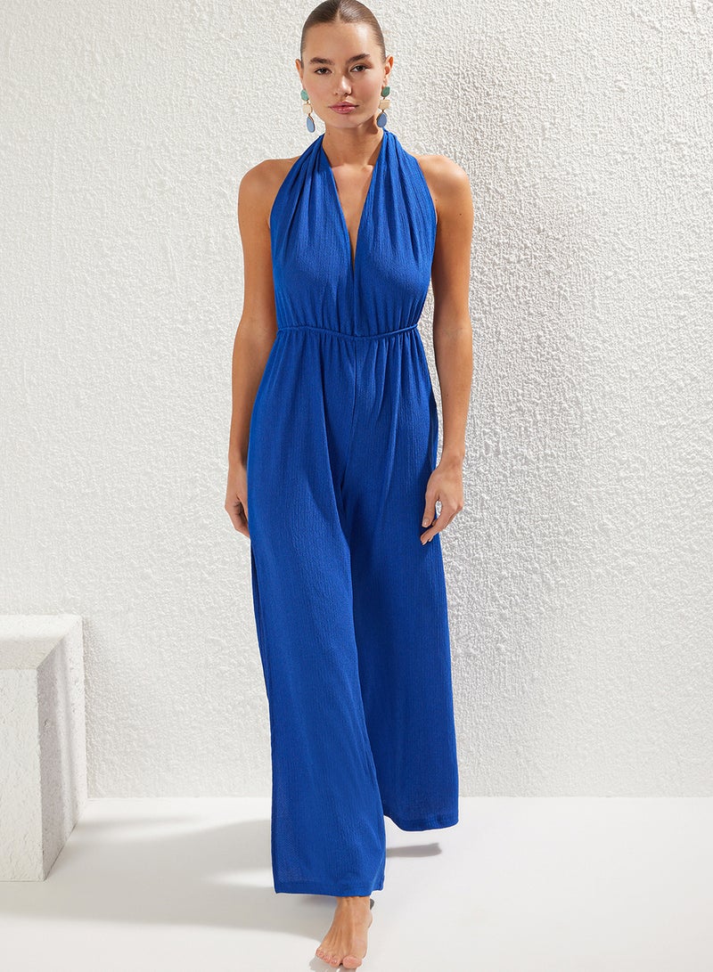 trendyol Cobalt Dokuma Slit Maxi Beach Jumpsuit Tbess23Tu00010 - Image 2