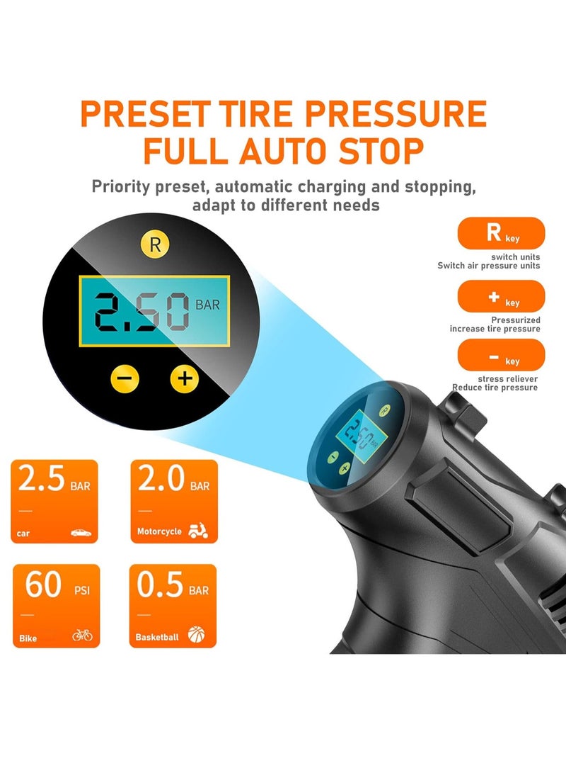 Car Tires Pump, Auto Stop LED Light Pressure Preset Cordless Tire Inflator Digital Display 120W for Vehicle - Image 2
