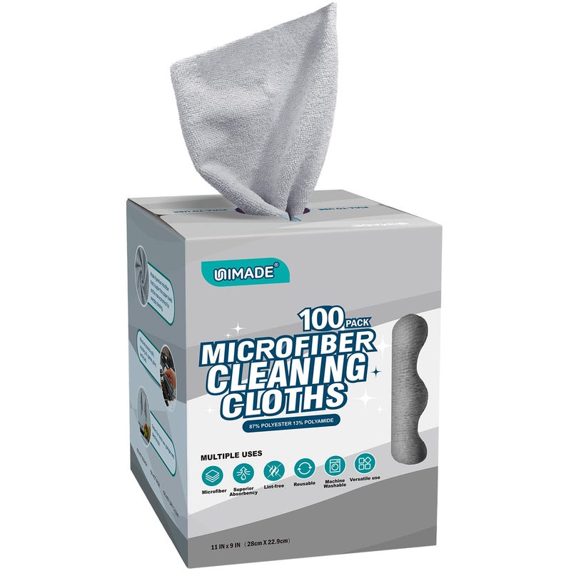 UNIMADE Microfiber Cleaning Cloth, 100 Sheets Microfiber Towels for Cars Commercial Grade Washcloths Lint-Free Bulk Shop Towel Cleaning Rags for Household Restaurant Garage Housekeeping, 11"x 9", Grey - Image 1