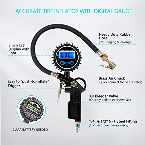 SPECSTAR 2 Pack Digital Tire Inflator with Pressure Gauge, Night Available 250 PSI Air Chuck and Compressor Accessories with Rubber Hose and Quick Connect Attachment for 0.1 Display Resolution - Image 3