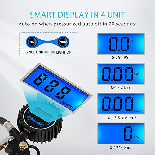 SPECSTAR 2 Pack Digital Tire Inflator with Pressure Gauge, Night Available 250 PSI Air Chuck and Compressor Accessories with Rubber Hose and Quick Connect Attachment for 0.1 Display Resolution - Image 5