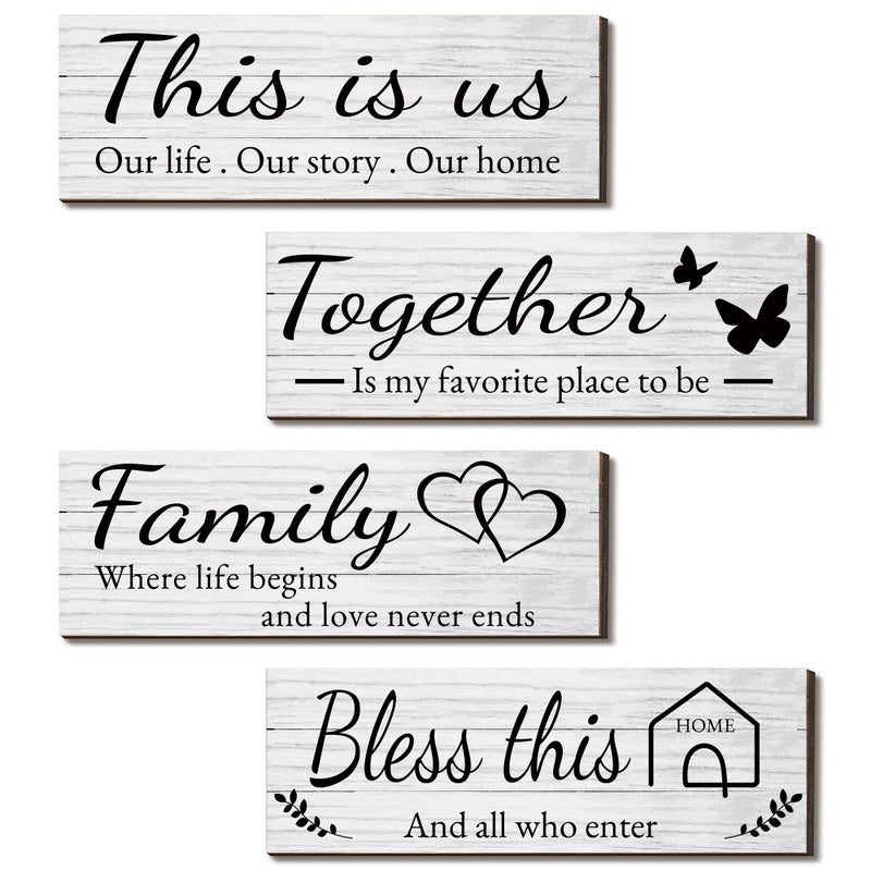 Joyhawk 4 Pieces Wooden Home Wall Art Decor  Rustic  Farmhouse This Is Us/Together/Bless This Home/Family Decor Signs For Living Room Bedroom  4.7 X 13.8 Inch(White) - Image 1