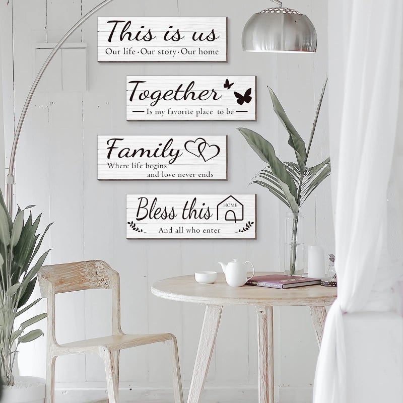 Joyhawk 4 Pieces Wooden Home Wall Art Decor  Rustic  Farmhouse This Is Us/Together/Bless This Home/Family Decor Signs For Living Room Bedroom  4.7 X 13.8 Inch(White) - Image 4