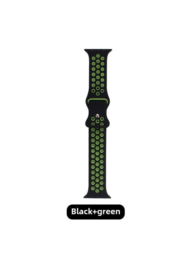 Generic Silicone Two-color Strap Suitable For Apple Nike Iwatch Hole Breathable Butterfly 8-word Buckle Sports Watch Strap-Color:Black + Green-Specifications:42/44/45/49 M L  - Image 1