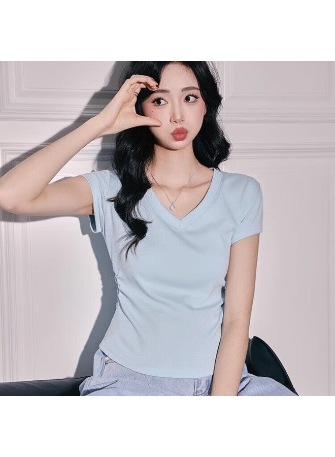 Nome Women's V-neck Short Sleeve T-shirt Summer New Pleated Waist Slim Half Sleeve Blue 2XL - Image 2