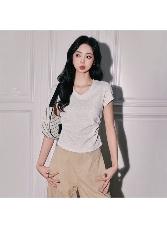 Nome Women's V-neck Short Sleeve T-shirt Summer New Pleated Waist Slim Half Sleeve Blue 2XL - Image 5