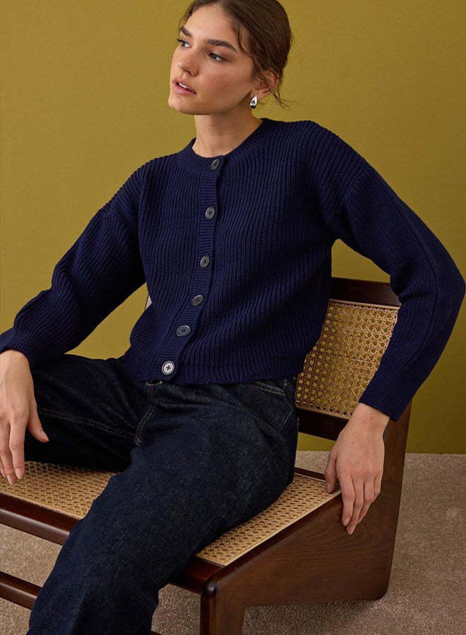 trendyol Navy Blue Crew Neck Thessaloniki Knitwear Cardigan - Image 2