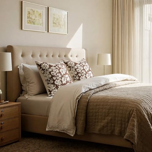 MUSSEL Brown Floral Pillow Covers 18x18：Vintage Decorative Throw Pillow Patterned Covers — Neutral Modern Farmhouse Square Cushions 100% Cotton Accent Covers for Sofa Bed Living Room Pillowcases Set of 2 - Image 3
