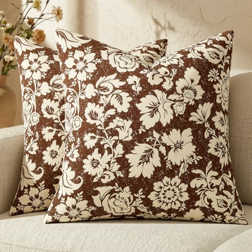 MUSSEL Brown Floral Pillow Covers 18x18：Vintage Decorative Throw Pillow Patterned Covers — Neutral Modern Farmhouse Square Cushions 100% Cotton Accent Covers for Sofa Bed Living Room Pillowcases Set of 2 - Image 1