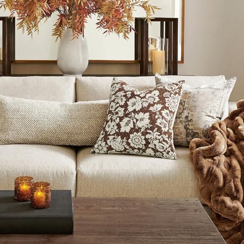 MUSSEL Brown Floral Pillow Covers 18x18：Vintage Decorative Throw Pillow Patterned Covers — Neutral Modern Farmhouse Square Cushions 100% Cotton Accent Covers for Sofa Bed Living Room Pillowcases Set of 2 - Image 2