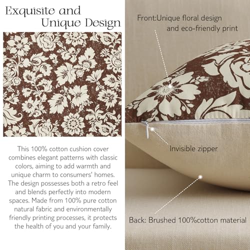 MUSSEL Brown Floral Pillow Covers 18x18：Vintage Decorative Throw Pillow Patterned Covers — Neutral Modern Farmhouse Square Cushions 100% Cotton Accent Covers for Sofa Bed Living Room Pillowcases Set of 2 - Image 4