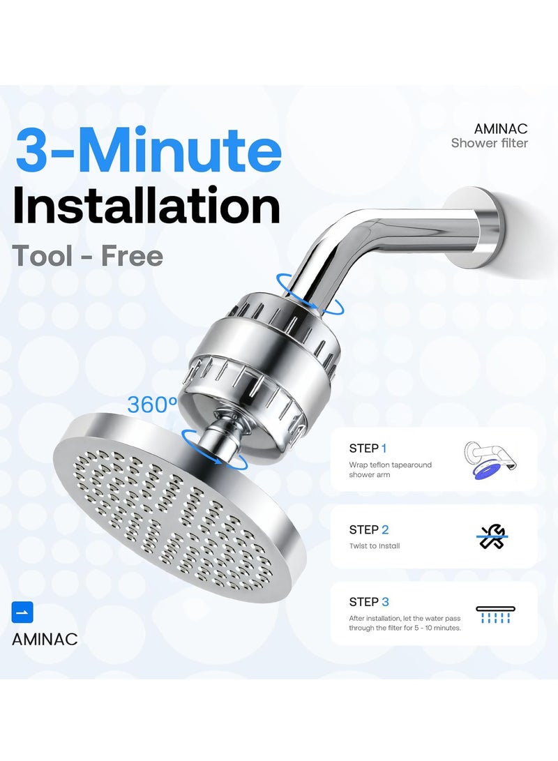 أميناك رأس دش مزود بفلتر 20 مرحلة، مع 5 أوضاع رش قوية، رأس دش قابل للتعديل 360° للمياه العسرة، يزيل الكلور والمعادن الثقيلة، تشطيب كروم - Image 4