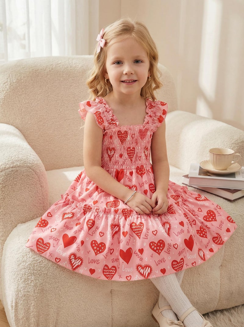 RETSUGO Little Girl Dresses Heart Print Flutter Sleeve Twirly Shirred Sundress Toddler Tiered Heart Dress Valentines Day Outfit for Kids 5-6 Years - Image 5