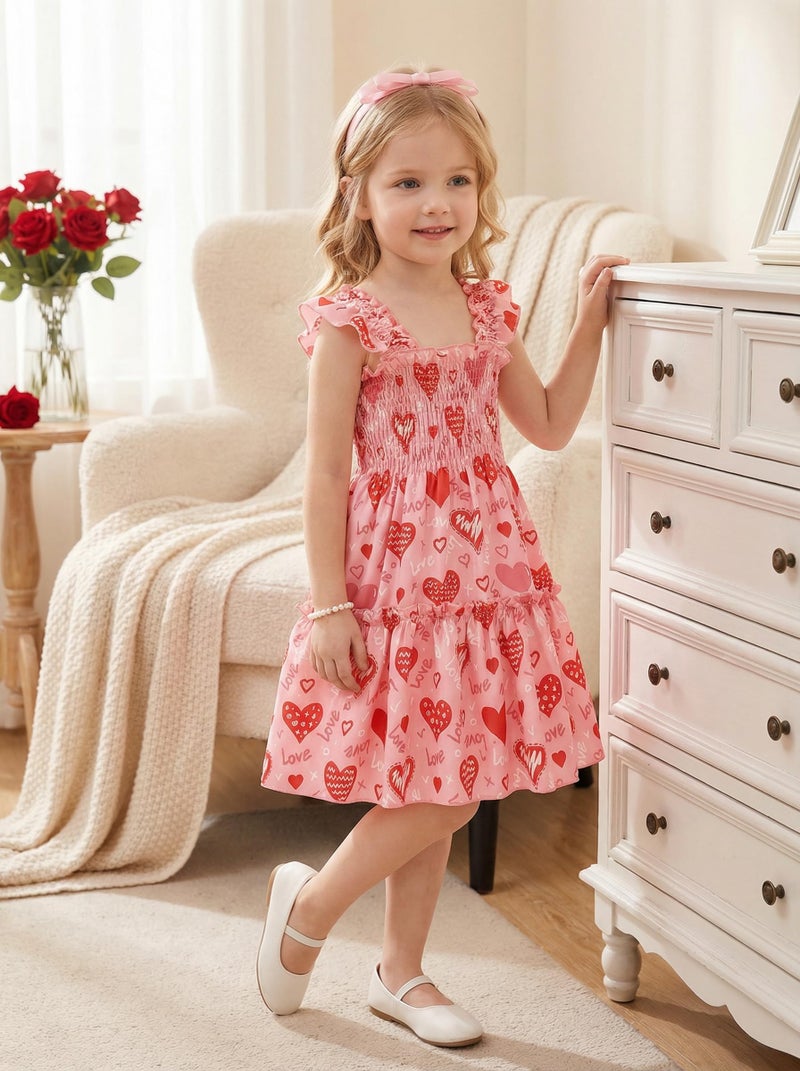 RETSUGO Little Girl Dresses Heart Print Flutter Sleeve Twirly Shirred Sundress Toddler Tiered Heart Dress Valentines Day Outfit for Kids 5-6 Years - Image 4