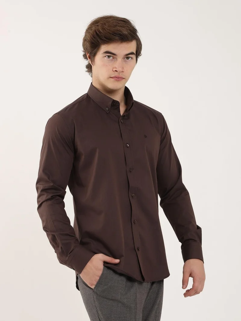 Dufy Brown Men's Slim Fit Button Collar Long Sleeve Shirt
