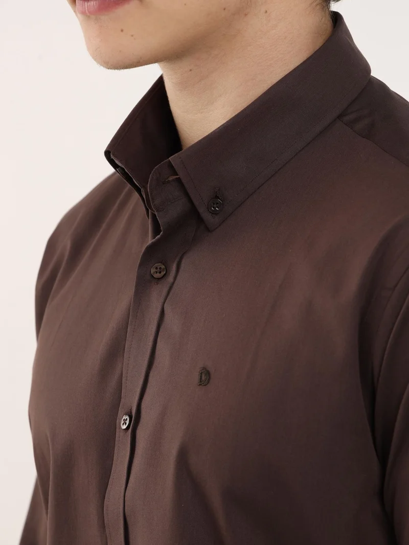 Dufy Brown Men's Slim Fit Button Collar Long Sleeve Shirt