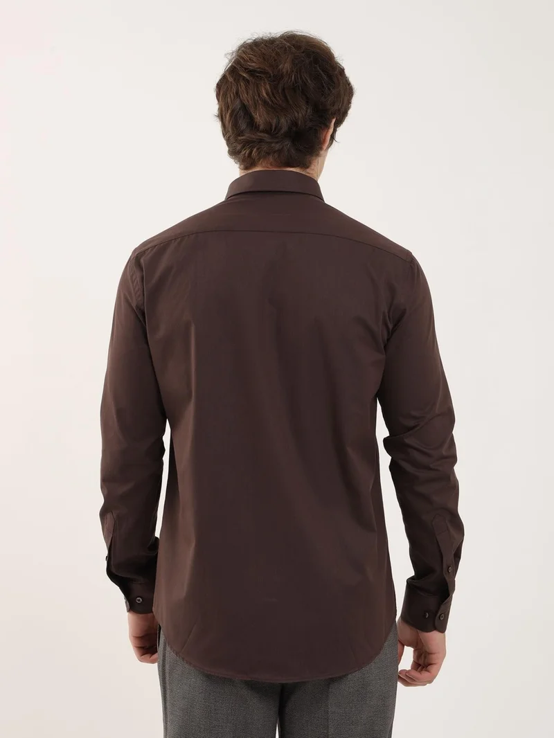 Dufy Brown Men's Slim Fit Button Collar Long Sleeve Shirt