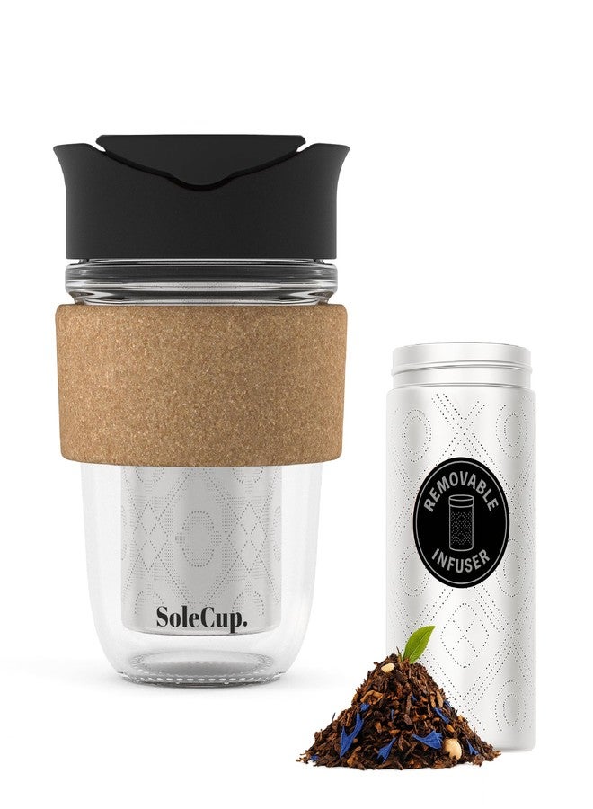 SoleCup. Travel Mug Loose Tea Infuser - Detachable Tea Strainer with Spillproof Lid - BPA-Free Reusable Glass Travel Coffee Cup with Cork Band (Black, 12oz) - Image 1