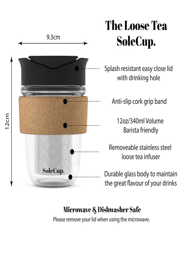 SoleCup. Travel Mug Loose Tea Infuser - Detachable Tea Strainer with Spillproof Lid - BPA-Free Reusable Glass Travel Coffee Cup with Cork Band (Black, 12oz) - Image 2
