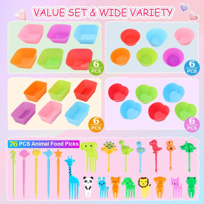 DOUDOULE 100PCS Silicone Lunch Box Dividers for Kids Lunch Accessories Set, Including 24 Reusable Silicone Cupcake Liners Baking Muffin Cups with 76 Animal Food Picks for Kids, Lunchbox Bento Box Accessories - Image 5