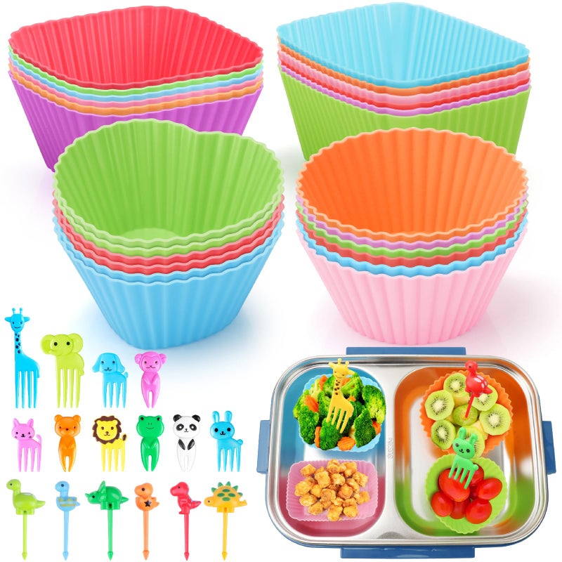 DOUDOULE 100PCS Silicone Lunch Box Dividers for Kids Lunch Accessories Set, Including 24 Reusable Silicone Cupcake Liners Baking Muffin Cups with 76 Animal Food Picks for Kids, Lunchbox Bento Box Accessories - Image 1
