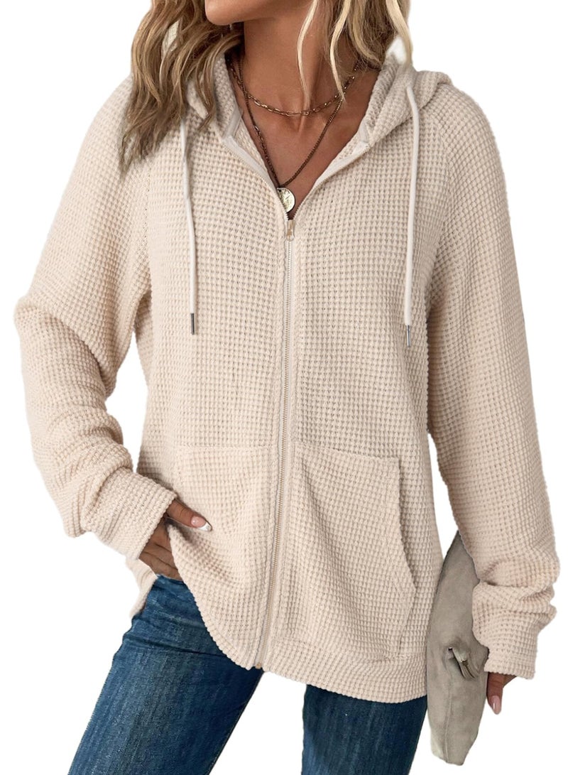 Dokotoo Hoodies for Women Casual Full Zip Up Hoodie Sweatshirt Apriot Fall Clothes Solid Color Waffle Knit Long Sleeve Hooded Sweatshirts Pockets Jacket Coat for Women Girls 2026 Fashion XS - Image 1