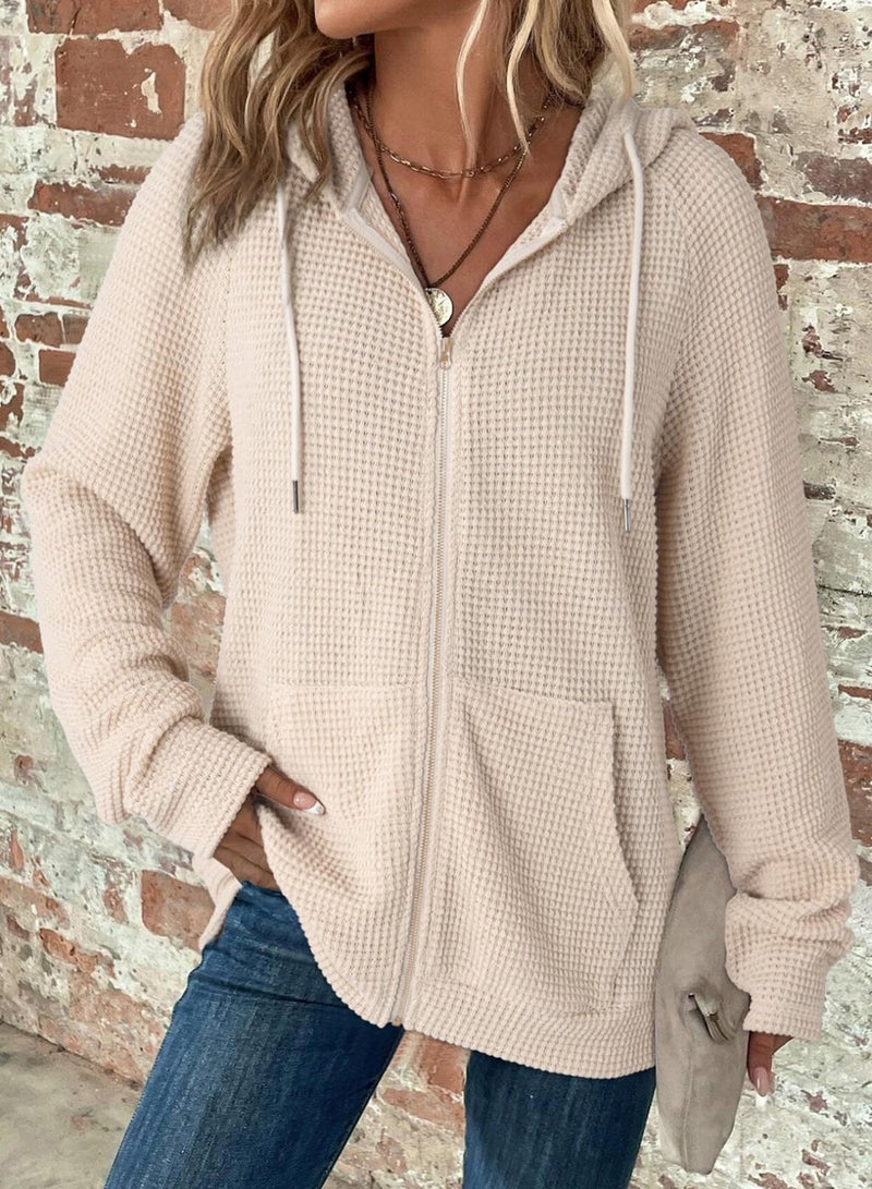 Dokotoo Hoodies for Women Casual Full Zip Up Hoodie Sweatshirt Apriot Fall Clothes Solid Color Waffle Knit Long Sleeve Hooded Sweatshirts Pockets Jacket Coat for Women Girls 2026 Fashion XS - Image 3