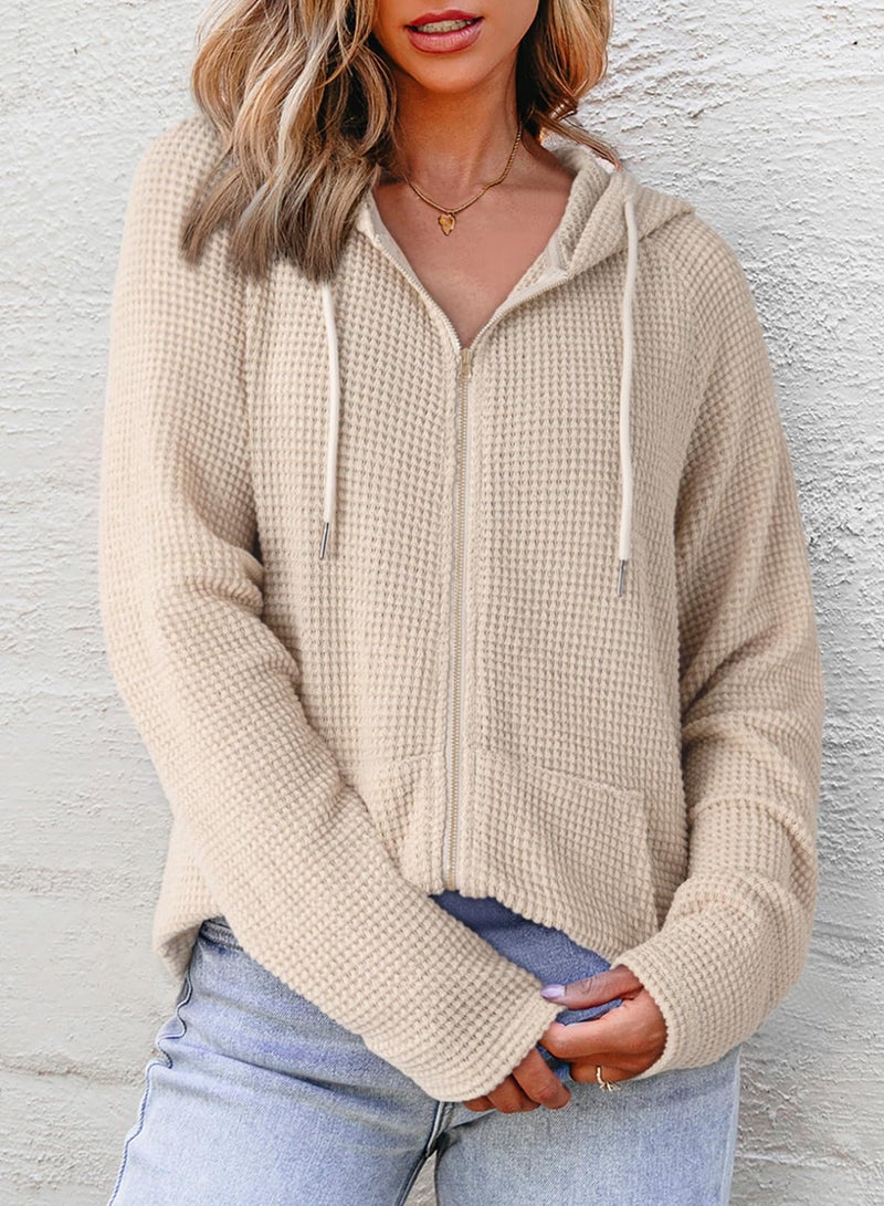 Dokotoo Hoodies for Women Casual Full Zip Up Hoodie Sweatshirt Apriot Fall Clothes Solid Color Waffle Knit Long Sleeve Hooded Sweatshirts Pockets Jacket Coat for Women Girls 2026 Fashion XS - Image 4