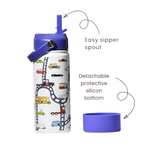 TOM  BELL TOM & BELL Insulated Water Bottle for Kids 500ml,Double Wall Water Bottle for School, Sipper Bottle,Hot and Cold, Premium 304 Stainless Steel (Cars, 500ml) - Image 2