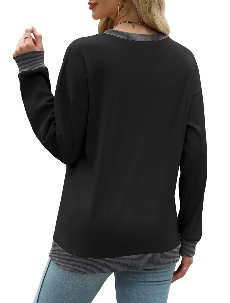 Saloogoe Women's Sweatshirts Oversized Loose Fit Black Tops Long Sleeve Shirts Plus Size Clothes Fashion Clothing Winter Ribbed Hem Cuffs XL - Image 3