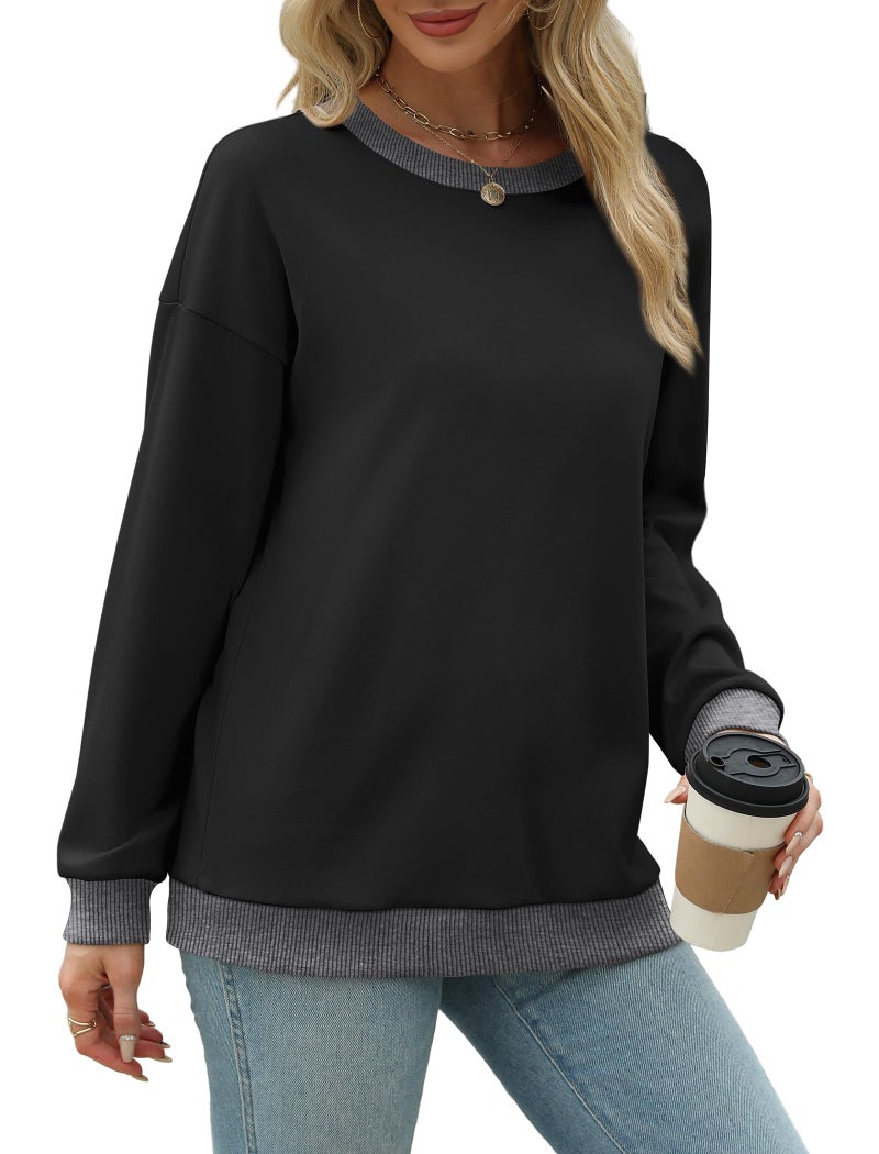Saloogoe Women's Sweatshirts Oversized Loose Fit Black Tops Long Sleeve Shirts Plus Size Clothes Fashion Clothing Winter Ribbed Hem Cuffs XL - Image 4