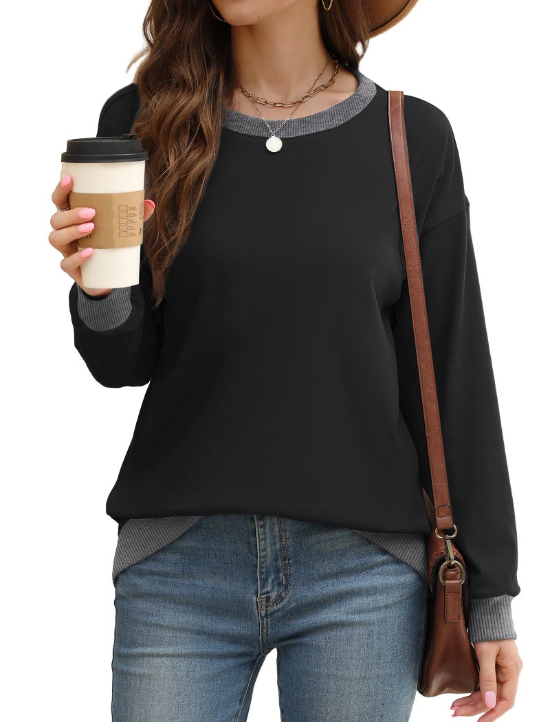 Saloogoe Women's Sweatshirts Oversized Loose Fit Black Tops Long Sleeve Shirts Plus Size Clothes Fashion Clothing Winter Ribbed Hem Cuffs XL - Image 2