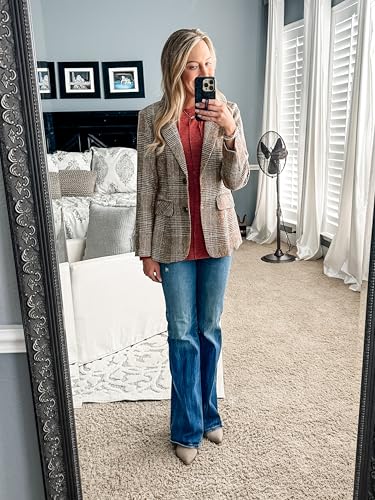 ELLEVEN Womens Casual Plaid Blazer Lapel Collar Double Button Long Sleeve Boyfriend Blazer Suit Houndstooth Plaid Blazer Jacket Business Work Office Blazer Suits Brown Plaid Medium - Image 4