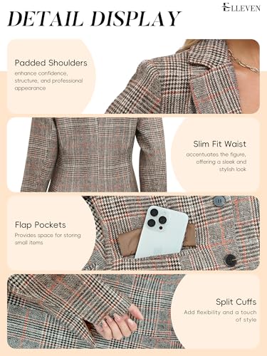 ELLEVEN Womens Casual Plaid Blazer Lapel Collar Double Button Long Sleeve Boyfriend Blazer Suit Houndstooth Plaid Blazer Jacket Business Work Office Blazer Suits Brown Plaid Medium - Image 5
