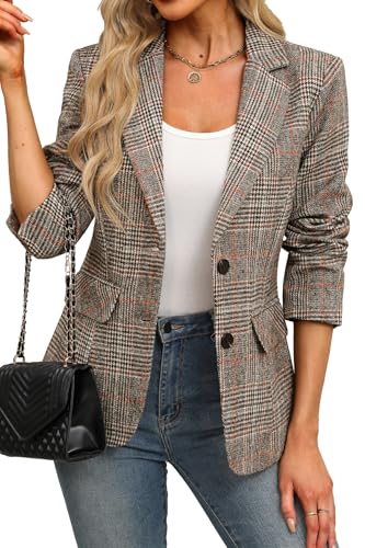 ELLEVEN Womens Casual Plaid Blazer Lapel Collar Double Button Long Sleeve Boyfriend Blazer Suit Houndstooth Plaid Blazer Jacket Business Work Office Blazer Suits Brown Plaid Medium - Image 1