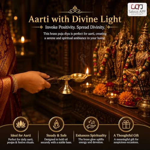 Salvus APP SOLUTIONS Brass Diya with Wooden Handle for Pooja | Traditional Oil Lamp Deepam/Vilakku for Home Temple, Aarti, Diwali & Spiritual Decor | Brass Deepak for Mandir (6 x 1.5 inch) - Image 3
