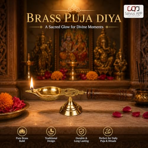 Salvus APP SOLUTIONS Brass Diya with Wooden Handle for Pooja | Traditional Oil Lamp Deepam/Vilakku for Home Temple, Aarti, Diwali & Spiritual Decor | Brass Deepak for Mandir (6 x 1.5 inch) - Image 2