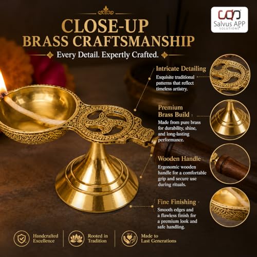 Salvus APP SOLUTIONS Brass Diya with Wooden Handle for Pooja | Traditional Oil Lamp Deepam/Vilakku for Home Temple, Aarti, Diwali & Spiritual Decor | Brass Deepak for Mandir (6 x 1.5 inch) - Image 4