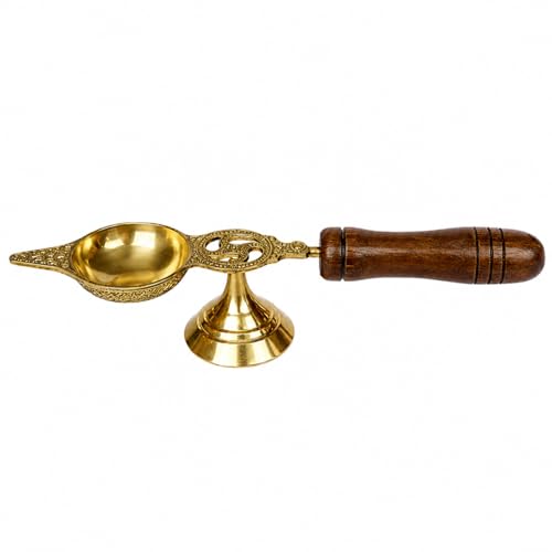Salvus APP SOLUTIONS Brass Diya with Wooden Handle for Pooja | Traditional Oil Lamp Deepam/Vilakku for Home Temple, Aarti, Diwali & Spiritual Decor | Brass Deepak for Mandir (6 x 1.5 inch) - Image 1