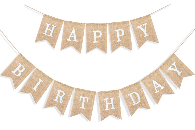 Uniwish Happy Birthday Burlap Banner Neutral Happy Birthday Party Decorations Boho Rustic Bunting Sign Swallowtail Flags, 2 in 1 - Image 1