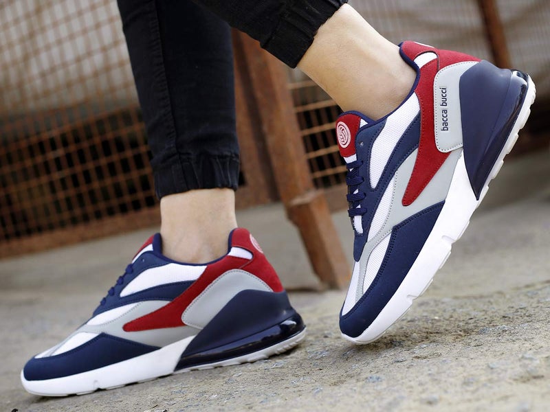 Bacca Bucci® Men's Urban Retro Series 2.0 Color Blocked Fashion Sneaker/Sports for Walking, Party,Shopping,Running & Fun- Blue & Red, Size UK6 - Image 3