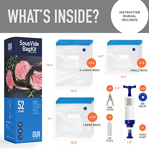 OUII Sous Vide Bags for Joule and Anova Cooker - 52 Pieces Kit with Vacuum Sealer Bags, Hand Pump, Clips - 3 Bag Sizes, Food Storage, Meal Prep - Fits Any Sous Vide Cooking Machine - Image 5
